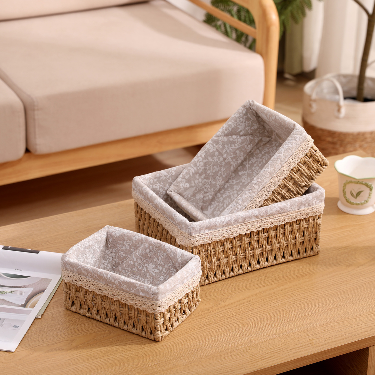 Wicker Basket Set with Lace Fabric Liner